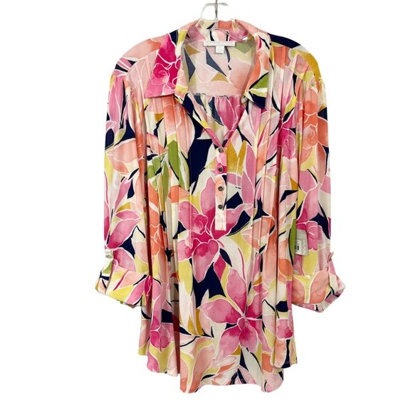 NEW Juniper + Lime Watercolor Floral Print Long Sleeve Blouse Roll Tab Size 2X - Picture 1 of 7